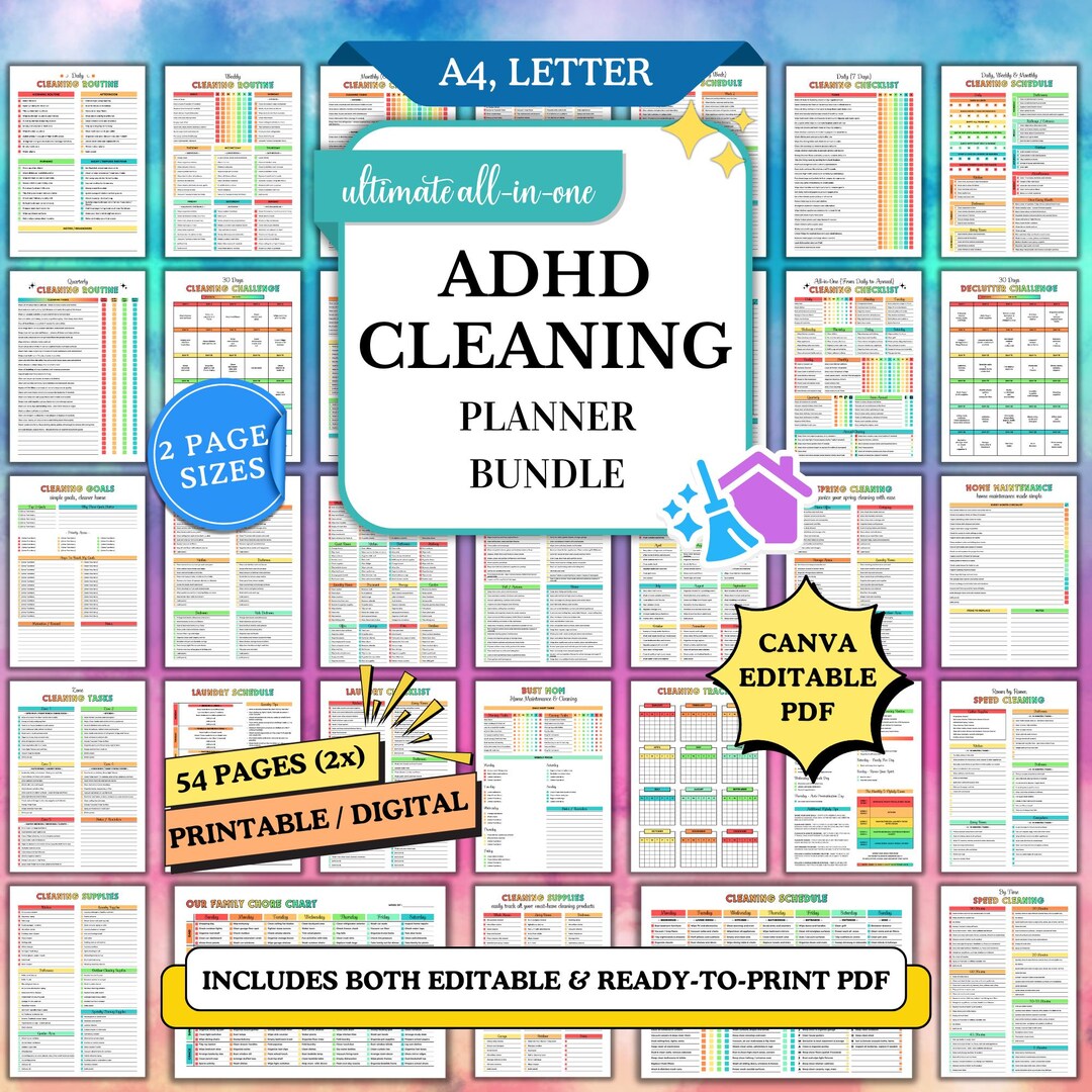 ADHD Cleaning Planner Bundle Printable Monthly Weekly Daily Master ...