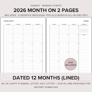 2025 2026 Monthly Planner Printable, Dated Month on 2 Pages Lined, Monthly Plan 2 Page, 2025 2026 Calendar, 2 Page per Month PDF Templates