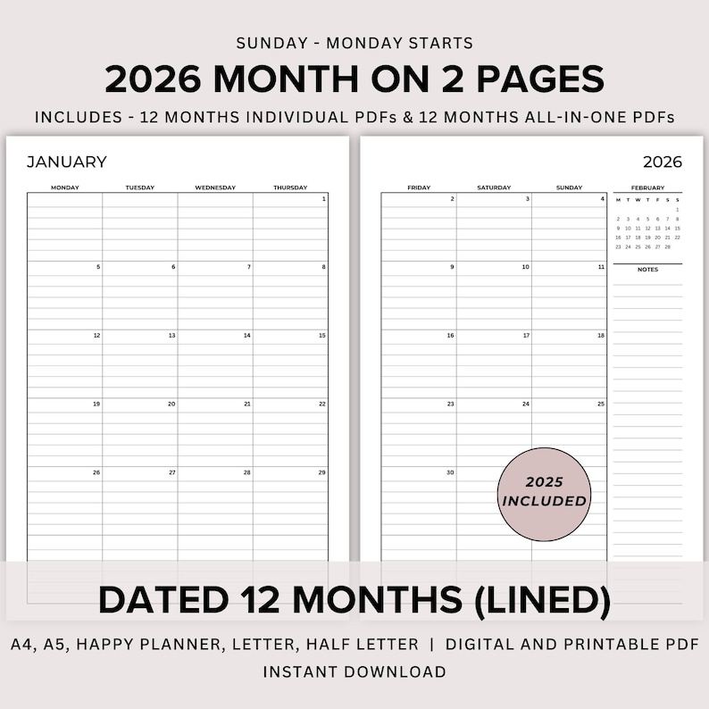 2025 2026 Monthly Planner Printable, Dated Month on 2 Pages Lined