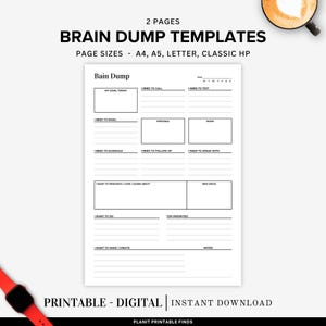 Pode incluir: Um modelo de brain dump imprimível branco com texto preto. O modelo inclui seções para metas, tarefas e notas. O texto no modelo diz "Brain Dump Templates" e "Printable - Digital - Instant Download."