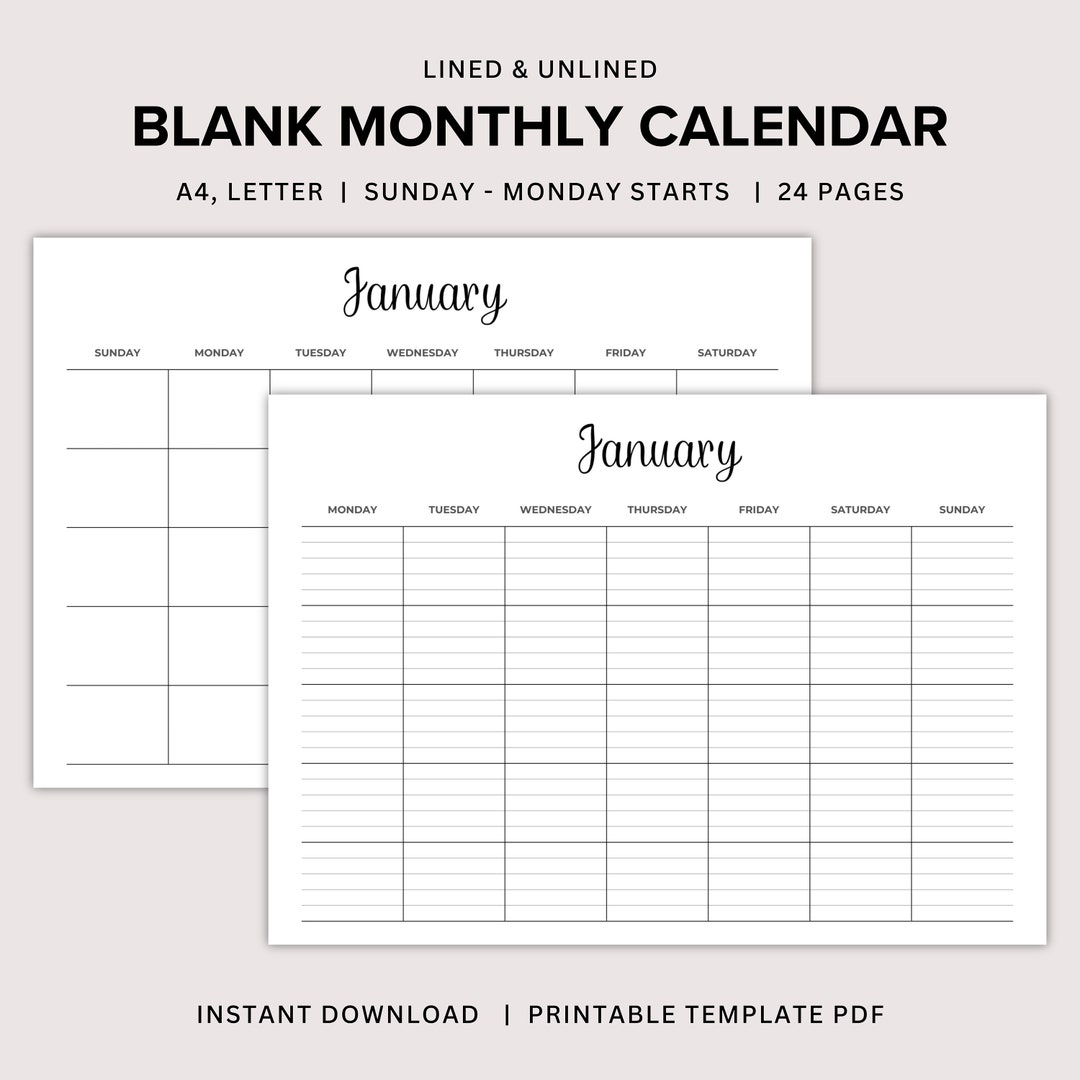 Blank Monthly Calendar Printable Simple Blank Calendar Page - Etsy