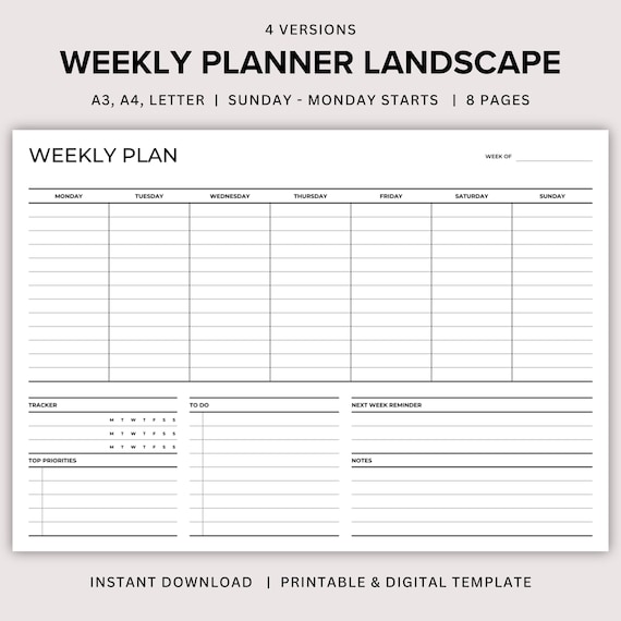 Weekly Planner Printable Landscape, Weekly To Do List, Undated Weekly Planner, Task Tracker, Daily Task List, ADHD, Printable & Digital