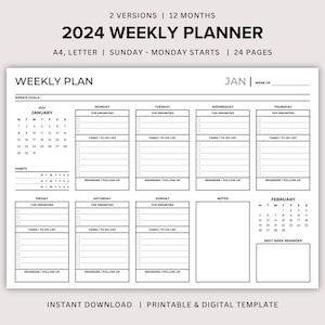 May include: A black and white printable weekly planner for the year 2024. The planner is designed for A4 paper and has 24 pages. The planner starts on Sunday and has a calendar for January and February.