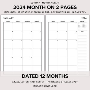 2024 Monthly Planner Printable, Dated Month on 2 Pages, Monthly Plan 2 ...