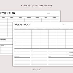 May include: A printable weekly planner with a black and white design. The planner has sections for Sunday through Saturday, with space for goals, priorities, to-do lists, and notes.