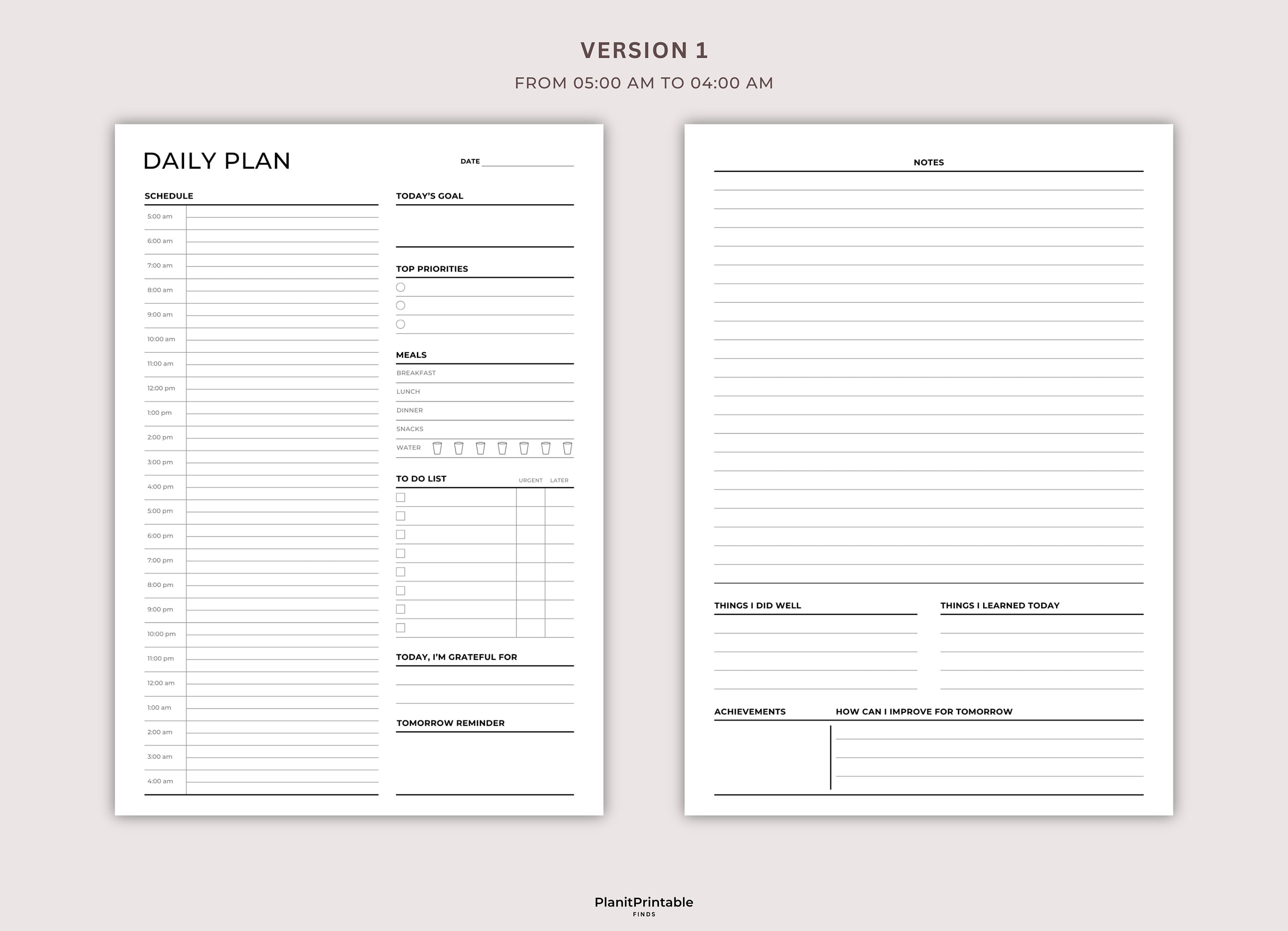 24 Hour Daily Planner Printable, Daily Plan on 2 Pages, Day on 2 Page, 2 Page per Day Planner ...