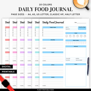 Daily Food Journal: Calorie Tracker, Weekly Planner (PDF Printable)