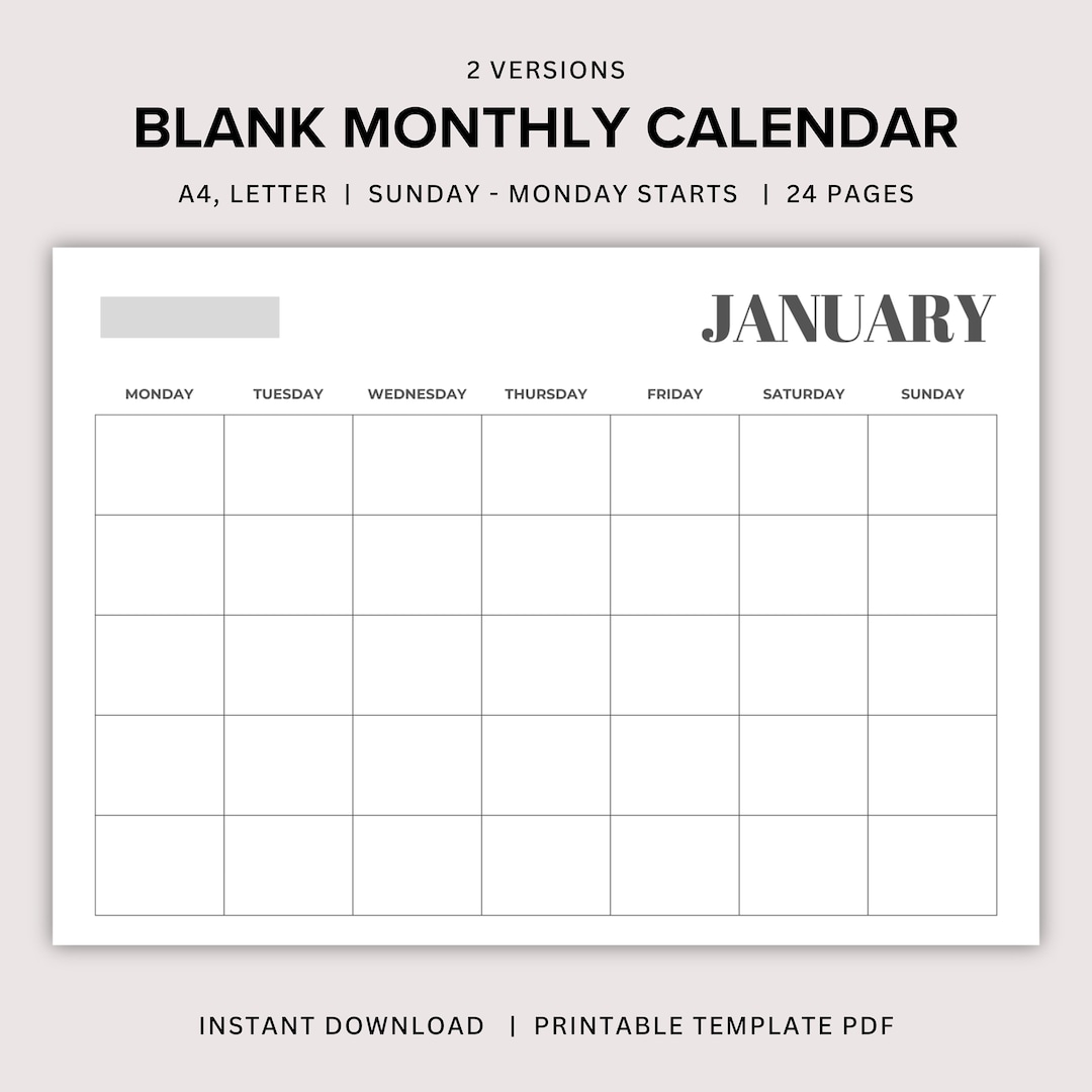 Blank Monthly Calendar Printable Landscape, Blank Calendar Page, Simple ...