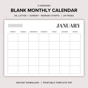 Blank Monthly Calendar Printable Landscape, Blank Calendar Page, Simple Calendar Template, Sunday Monday Start, Lined / Unlined, A4 Letter
