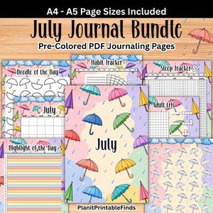 May include: A July journal bundle featuring pre-colored PDF journaling pages in A4 and A5 sizes. The pages include habit trackers, sleep trackers, doodle sheets, and calendars decorated with colorful umbrellas, raindrops, and clouds.
