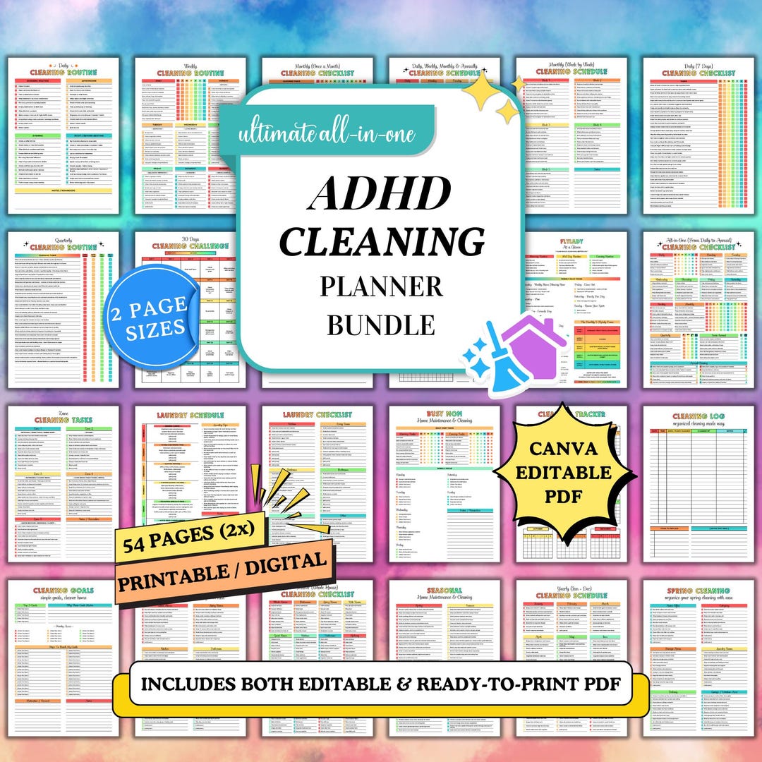 Editable ADHD Cleaning Planner Bundle ADHD All-in-one Cleaning Schedule ...