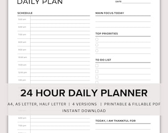 24 Hour Daily Planner Printable, Daily Hourly Planner, Everyday Planner, Work Day Schedule, Military Time Plan, Time Blocking Template PDF