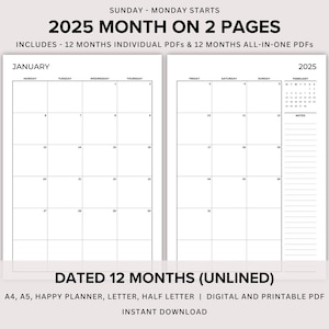 Planificador mensual imprimible 2025, mes con fecha en 2 páginas sin renglones, plan mensual de 2 páginas, calendario 2025, 2 páginas por mes, A4/A5/carta/media página/HP