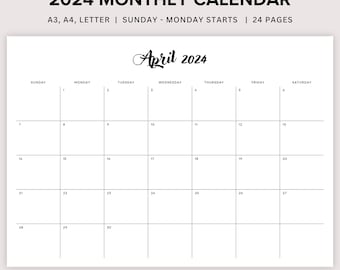 May include: A printable calendar for April 2024. The calendar is designed in a minimalist style with a black and white colour scheme. The calendar starts on Sunday and has the days of the week listed across the top. The numbers for each day of the month are listed in the boxes below.