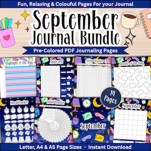 May include: A September Journal Bundle featuring 14 pre-colored PDF pages with sleep-themed graphics like pillows, moons, and alarm clocks. The set includes trackers for mood, habits, and sleep, plus a calendar, all in letter, A4, and A5 sizes.