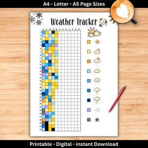Può includere: Un foglio di monitoraggio meteo stampabile con una griglia per registrare le condizioni meteorologiche giornaliere nel corso dei mesi. Il design include una legenda a colori con icone di sole, nuvole, pioggia, temporali, vento e neve.