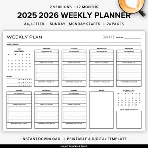 2025 2026 Weekly Planner Printable Landscape, Weekly To Do List, Undated Weekly Planner, Daily Task Tracker List, ADHD, Printable & Digital
