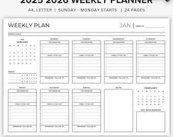 2025 2026 Weekly Planner Printable Landscape, Weekly To Do List, Undated Weekly Planner, Daily Task Tracker List, ADHD, Printable & Digital
