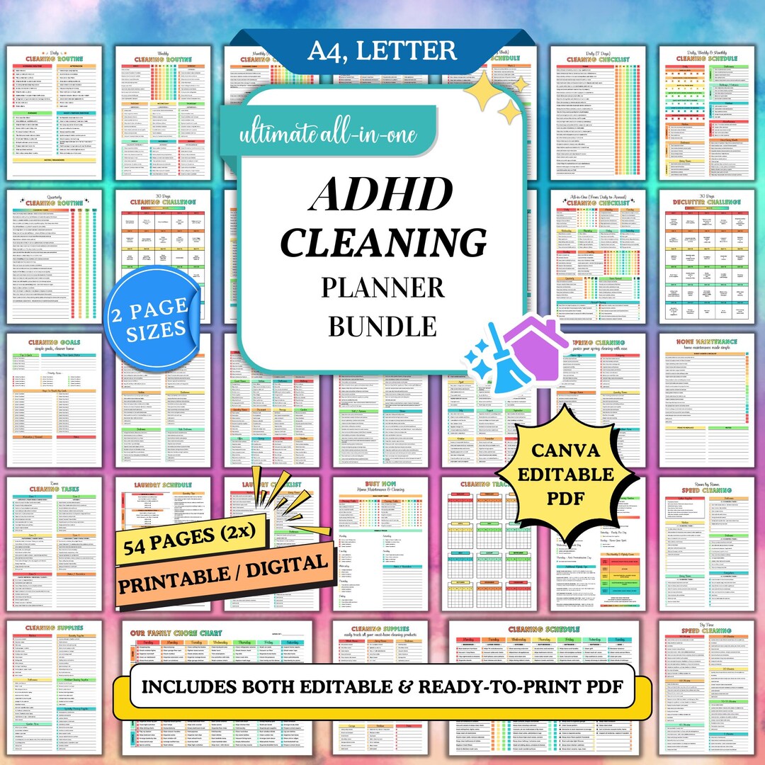Editable ADHD Cleaning Planner Bundle Printable 30 Days Cleaning ...