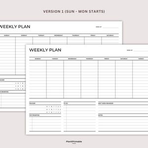 May include: A printable weekly planner with sections for Sunday through Saturday, tracker, top priorities, to do, next week reminders, and notes. The planner has the text "WEEKLY PLAN" at the top.