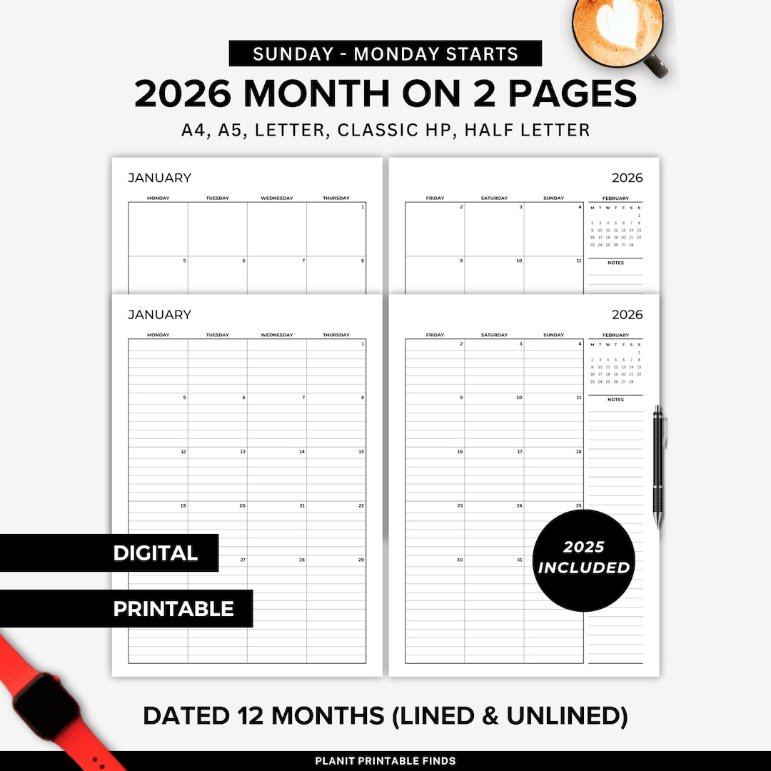 2025 2026 Monthly Planner Printable, Dated Month on 2 Pages Lined