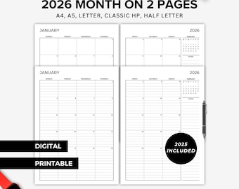 2025 2026 Monatsplaner druckbar, datiert Monat auf 2 Seiten liniert unliniert, Monatsplan 2 Seite, Kalender 2025 2026, 2 Seiten pro Monat PDF
