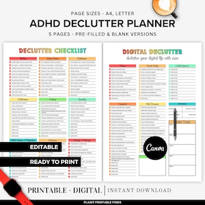 ADHD Declutter Planner Editable Home Decluttering Planner 30 Days Declutter Challenge Declutter Guide Declutter Checklists Printable Digital