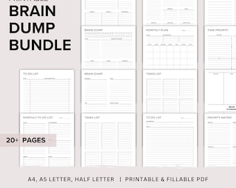 May include: Printable brain dump bundle with 20+ pages of to-do lists, task lists, brain dump pages, weekly checklists, monthly plans, and a priority matrix. The pages are designed in a minimalist black and white style.
