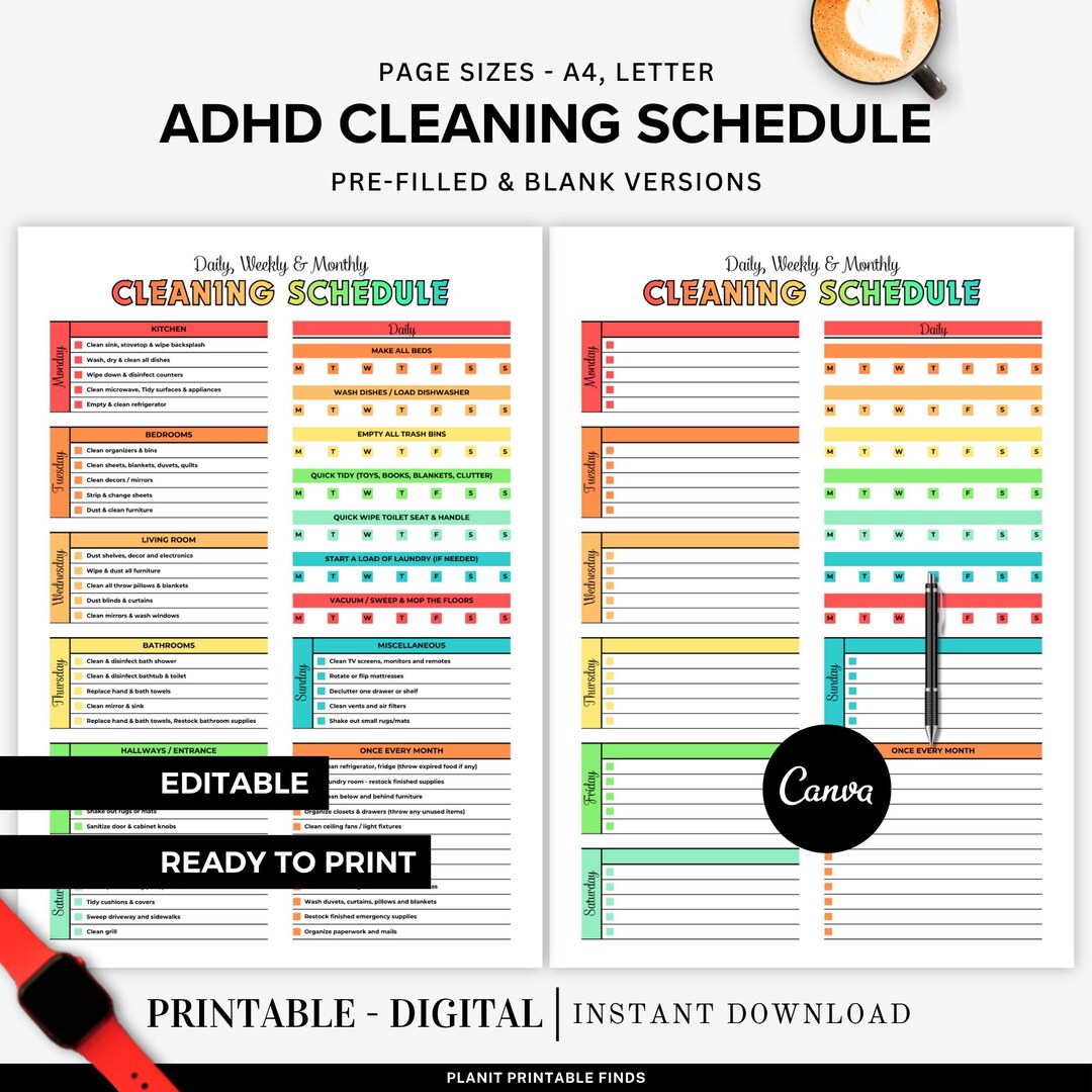 Editable ADHD Cleaning Schedule Checklist A4 Letter Printable Daily ...