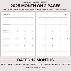 Planificador mensual imprimible 2025, mes con fecha en 2 páginas sin renglones, plan mensual de 2 páginas, calendario 2025, 2 páginas por mes, A4/A5/carta/media página/HP