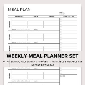 Weekly Meal Planner with Grocery List, Meal Prep Planner, Weekly Menu Template, Meal Planning Template, A4/A5/Letter/Half PDF Printable
