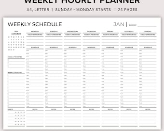 2024 Weekly Hourly Planner Printable, Weekly Schedule Planner, Weekly Planner Undated, Daily Planner, To Do List, ADHD, Landscape Template