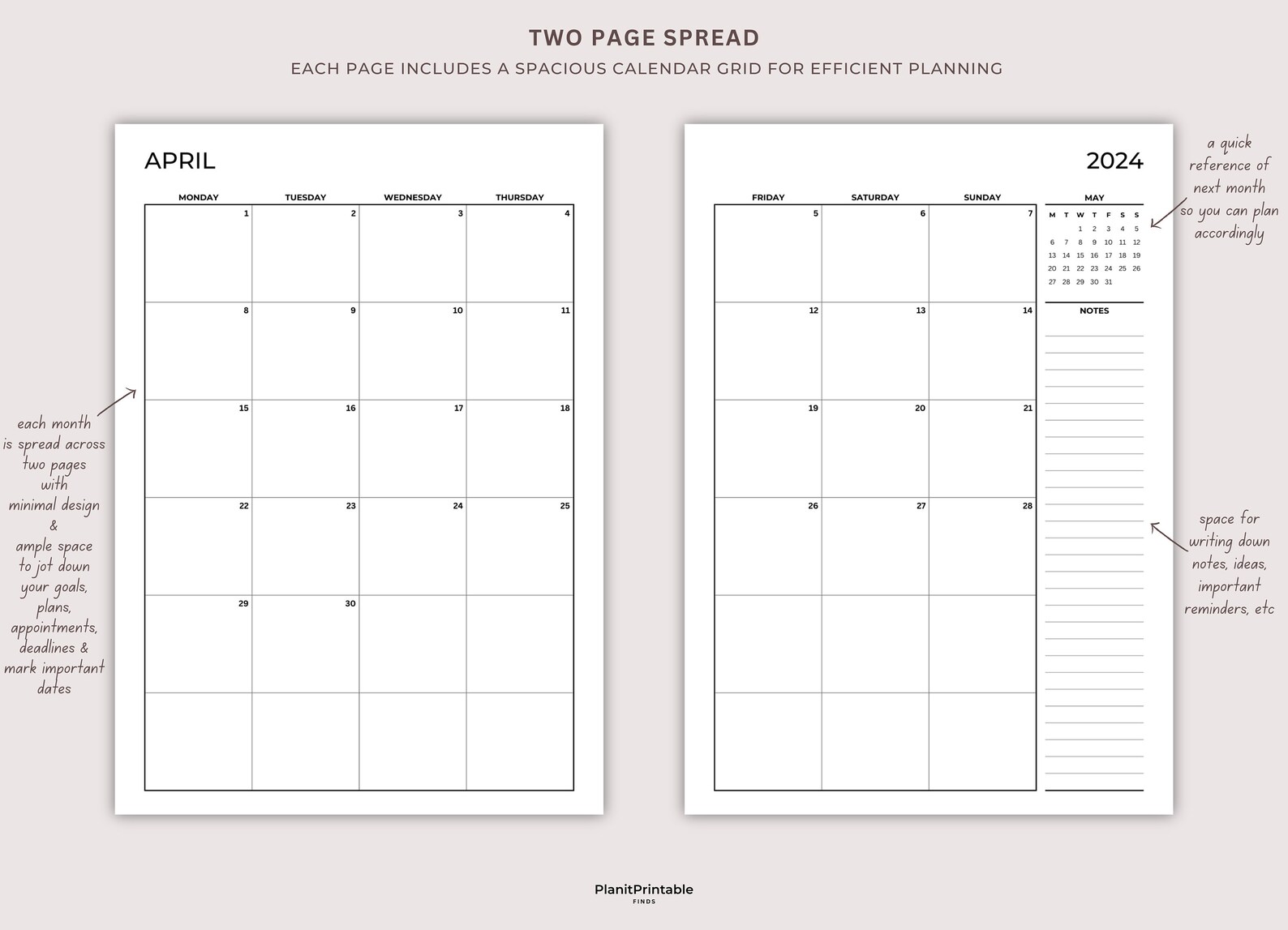 2024 Monthly Planner Printable, Dated Month on 2 Pages, Monthly Plan 2 ...
