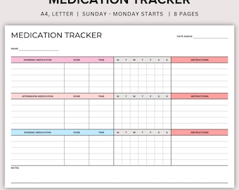 Weekly Medication Tracker Printable, Prescription Tracker, Medicine Log for Nurses & Caregivers, Daily Medicine Supplements Dosage Tracker