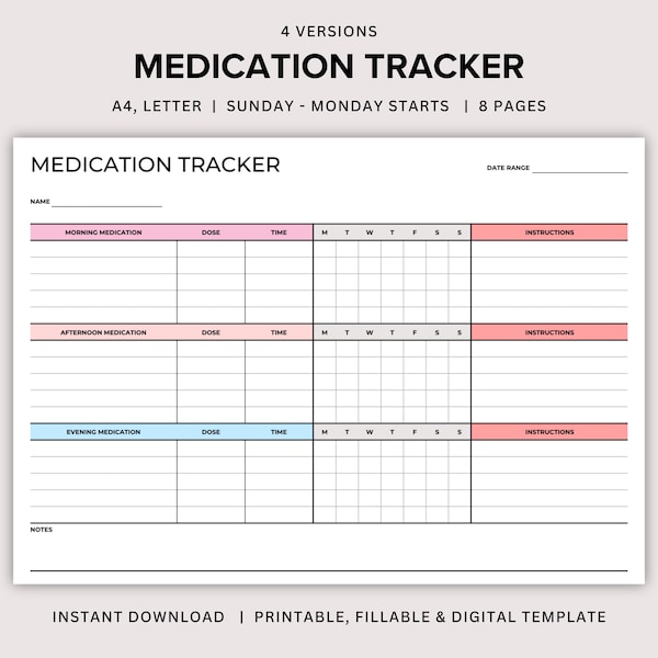 Afdrukbare wekelijkse medicatietracker, recepttracker, medicijnlogboek voor verpleegkundigen en verzorgers, dagelijkse medicijnsupplementen Doseringstracker