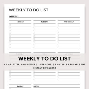Weekly To Do List Printable, Weekly Task List, Weekly Checklist, Weekly Planner, To Do List Tracker, Minimal A4 A5 Letter Half PDF Template