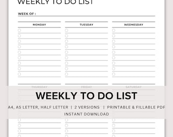 Weekly To Do List Printable, Weekly Task List, Weekly Checklist, Weekly Planner, To Do List Tracker, Minimal A4 A5 Letter Half PDF Template