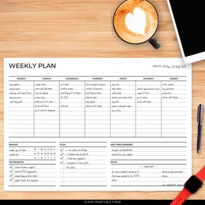 May include: A black and white weekly planner with a grid layout for each day of the week. The planner includes sections for tracking, to-do lists, and next week reminders. The planner also includes a notes section with the text "important..." and "do competitor research".