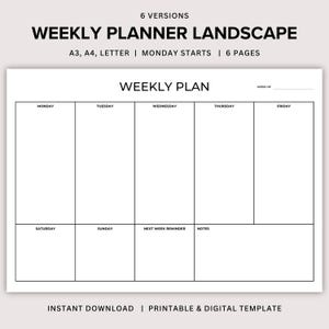 Minimalist Weekly Planner: Landscape Layout, Undated (A3/A4/Letter)