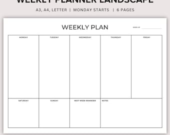 Minimalist Weekly Planner: Landscape Layout, Undated (A3/A4/Letter)