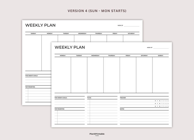 May include: Two black and white printable weekly planner pages. The top page has a section for "This Week's Goals", "Top Priorities", and a weekly calendar grid starting with Sunday. The bottom page has a section for "This Week's Goals", "To Do", "Tracker", and "Notes", and a weekly calendar grid starting with Monday.