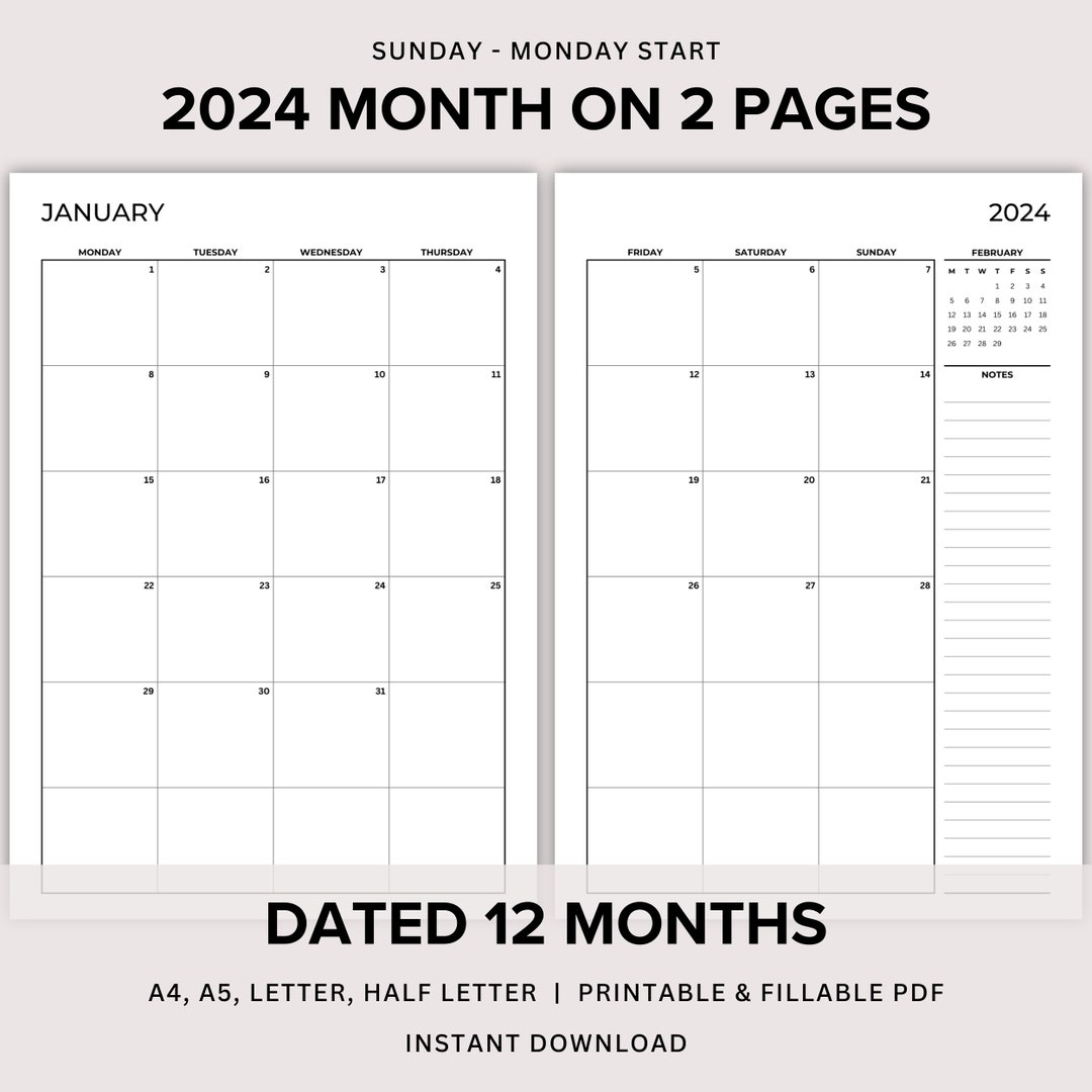 2024 Monthly Planner Printable, Dated Month on 2 Pages, Monthly Plan 2 ...