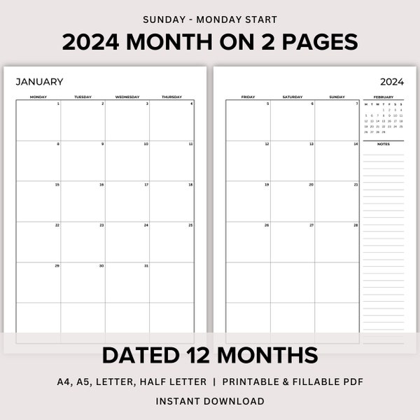 2024 Monthly Planner Printable, Dated Month on 2 Pages, Monthly Plan 2 Page, 2024 Calendar, 2 Page per Month, A4/A5/Letter/Half PDF template