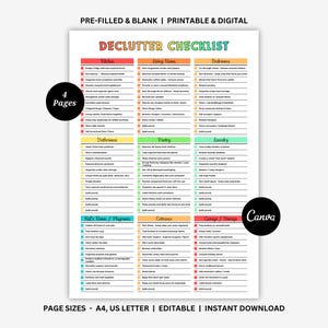May include: A printable declutter checklist with sections for the kitchen, living room, bedrooms, bathrooms, pantry, laundry, kid's room, entrance, and garage. The checklist is available in A4 and US Letter sizes and is editable.