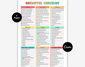 May include: A printable declutter checklist with sections for the kitchen, living room, bedrooms, bathrooms, pantry, laundry, kid's room, entrance, and garage. The checklist is available in A4 and US Letter sizes and is editable.