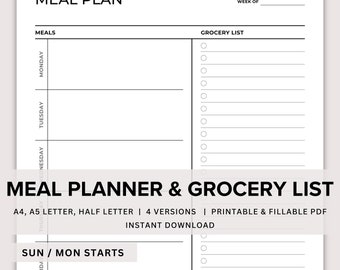 May include: A printable meal planner and grocery list template. The template is divided into two sections: a meal planner with space to write in meals for each day of the week and a grocery list with checkboxes.