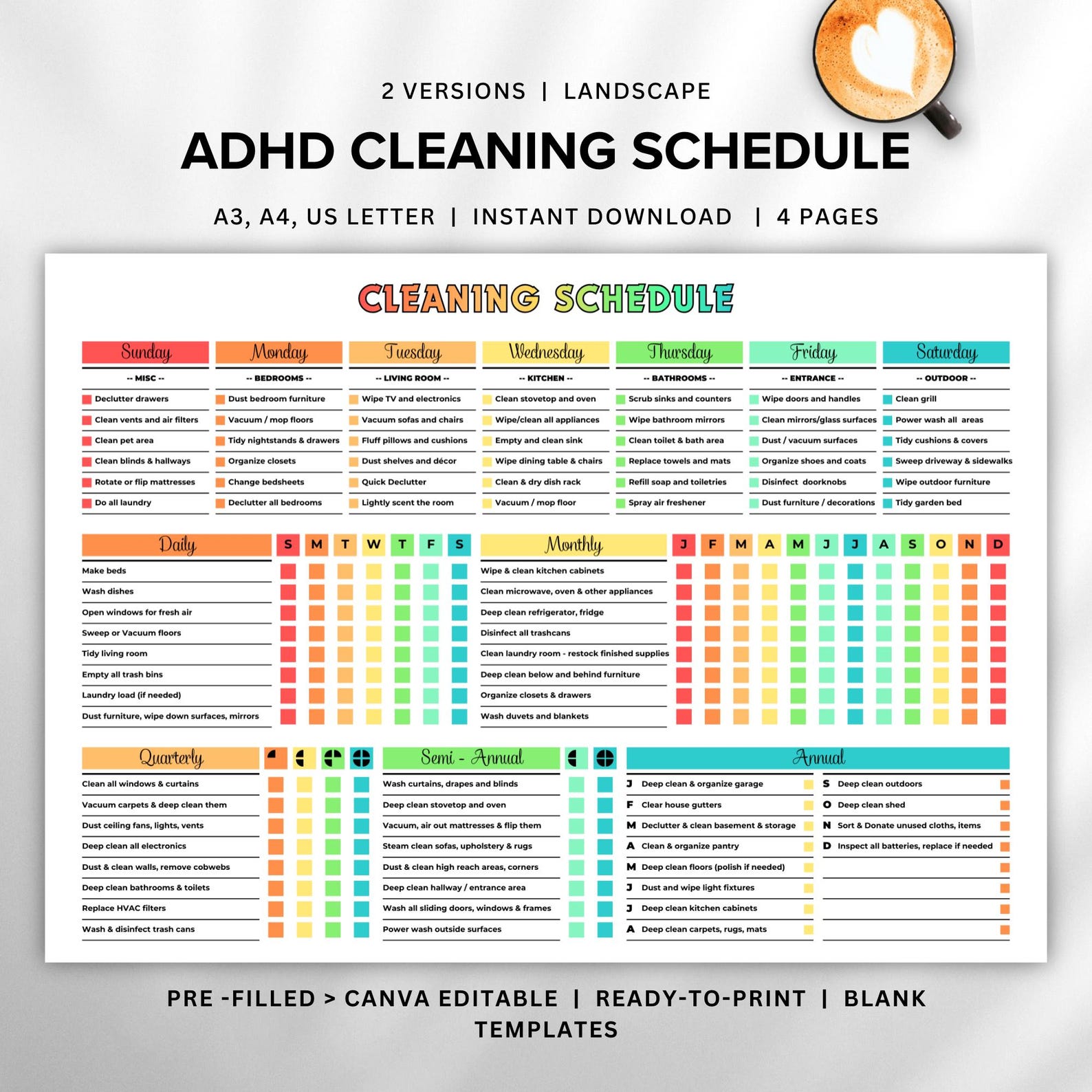 Editable ADHD Cleaning Schedule Checklist A4 A3 Letter Printable Daily ...