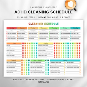 Puede incluir: Un colorido programa de limpieza para TDAH con secciones para tareas diarias, semanales, mensuales, trimestrales, semestrales y anuales. El programa incluye texto como "dormitorios", "cocina" y "baños". Disponible en tamaños A3, A4 y US Letter.