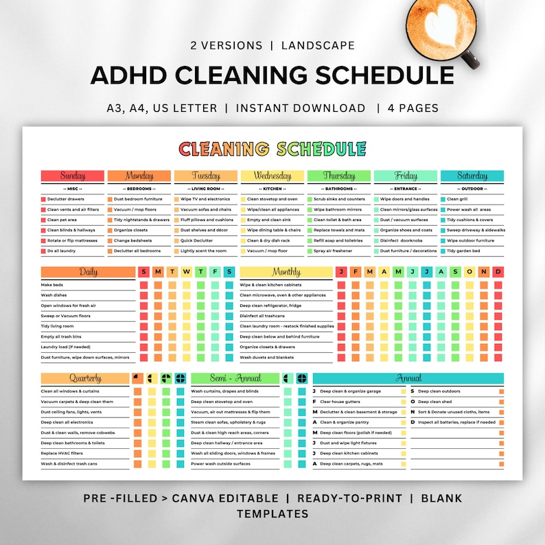 Editable ADHD Cleaning Schedule Checklist A4 A3 Letter Printable Daily ...