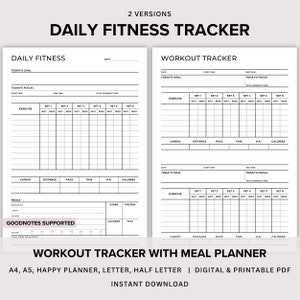 Seguimiento de entrenamiento imprimible, Seguimiento de entrenamiento diario con planificador de comidas, Planificador de fitness, Planificador de ejercicio diario, Diario de fitness, Registro de entrenamiento